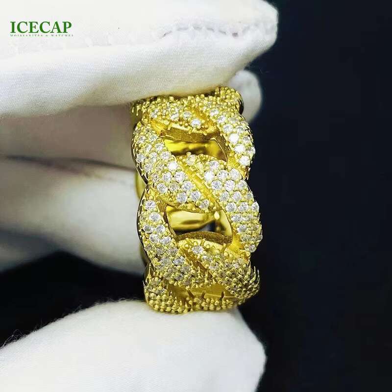 Iced Out Fashion Jewelry Hiphop Yellow Gold Plated 925 Sterling Silver VVS Moissanite Diamonds 3 Rows Cuban Ring for Men Women
