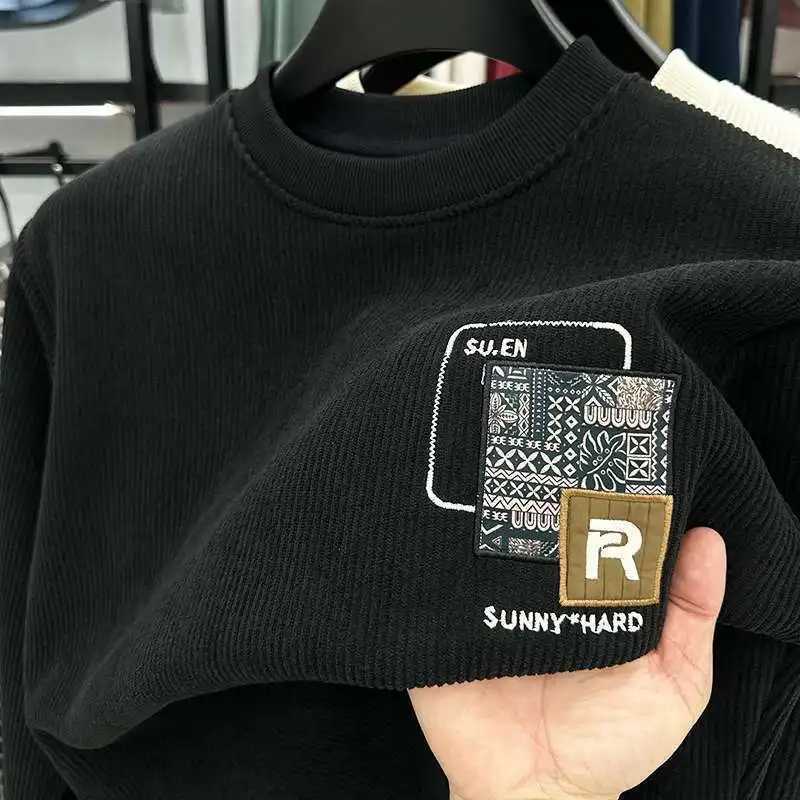 Winter Thicken Fleece Crewneck Sweatshirt Mens Corduroy Sherpa Lined Letter Print Pullover Sportswear Streetwear No Hood Hoodie W251106