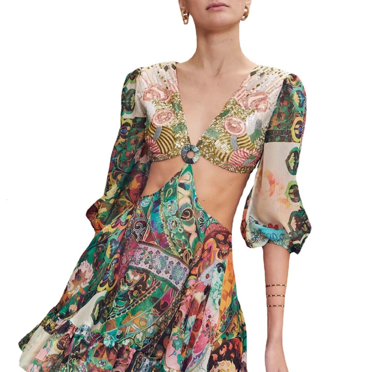 2025 Autumn/winter New Landscape Printed Dress with Hollowed Out Suspender and Digital Printed Dress