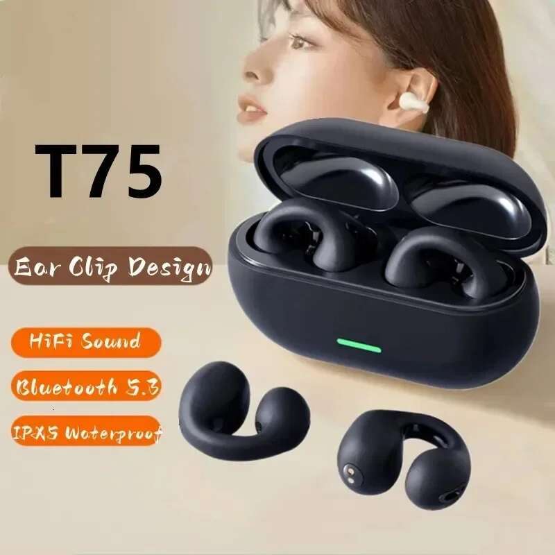 NEW Bluetooth 5.3 Wireless Bone Conduction Headphones T75 Clip Ear Music Noise Canceg Headset HD Call Sports Gaming Earphone