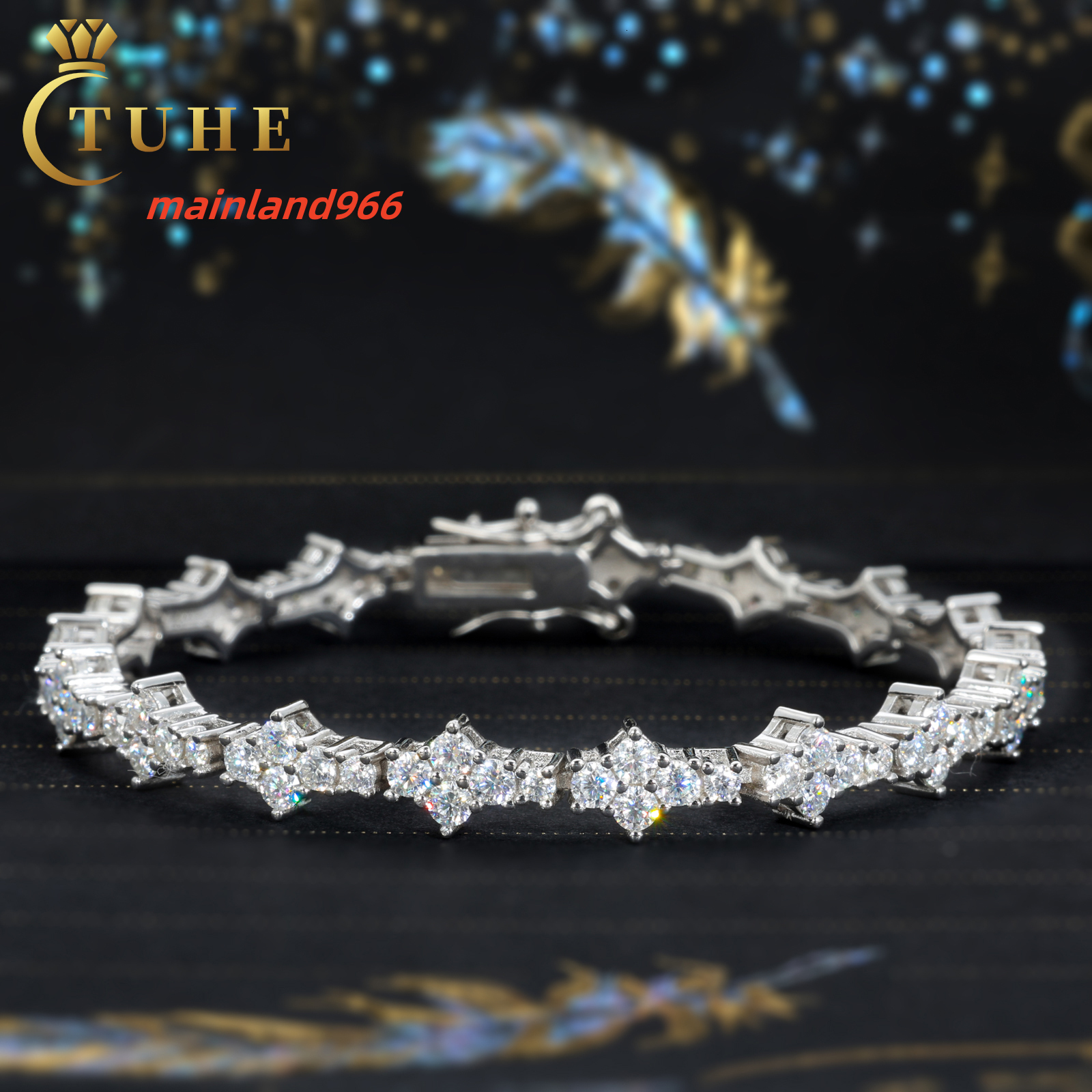 Stylish Fashion Femme Design 925 Sterling Silver VVS Moissanite Diamond Iced Out Four Leaf Clover Cross Tennis Chain Bracelet