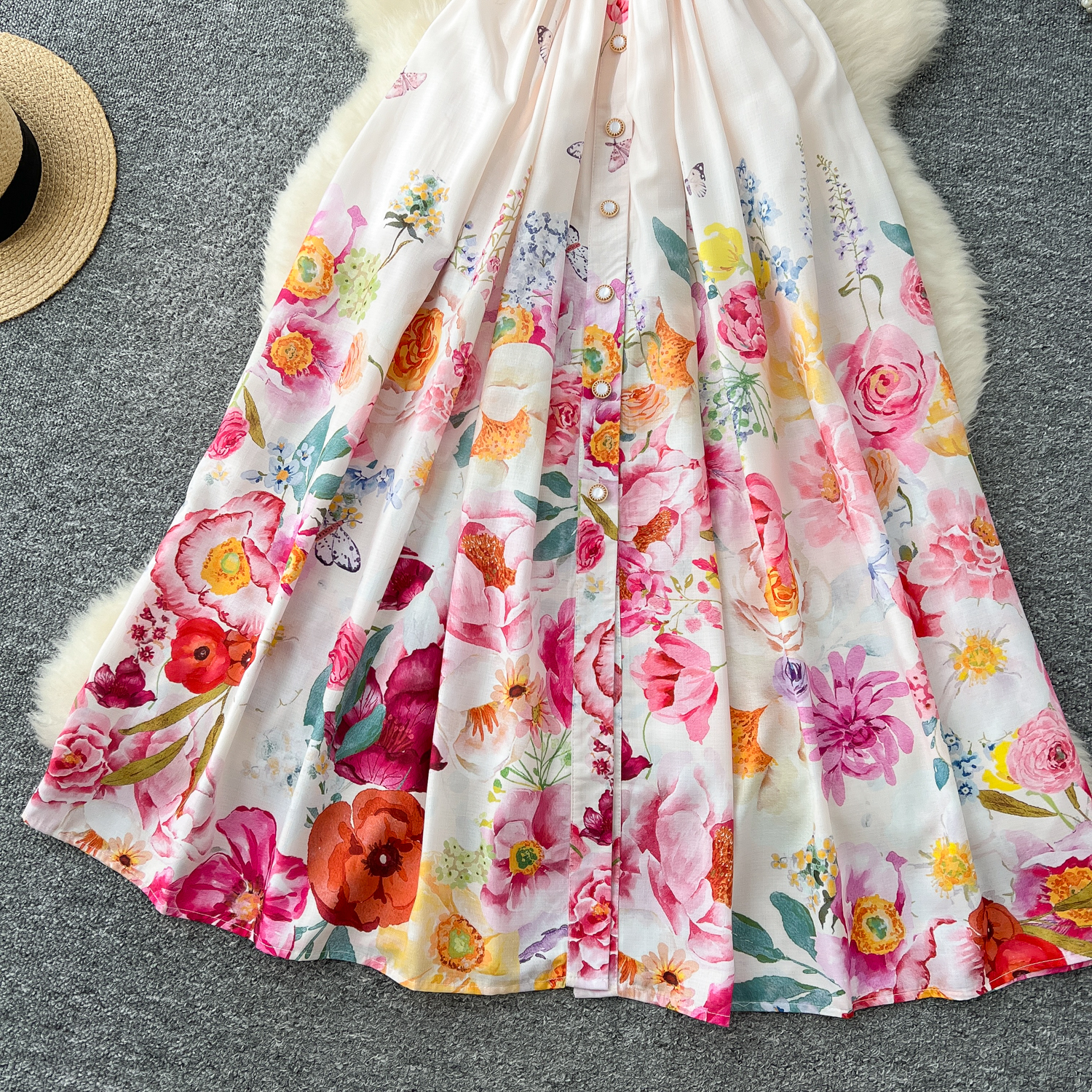 Basic Casual Dresses Elegant Holiday Gorgeous Flower Evening Dresses Women Notched Vintage Print Belt Long Party Dress Female Casual Holiday Clothing 