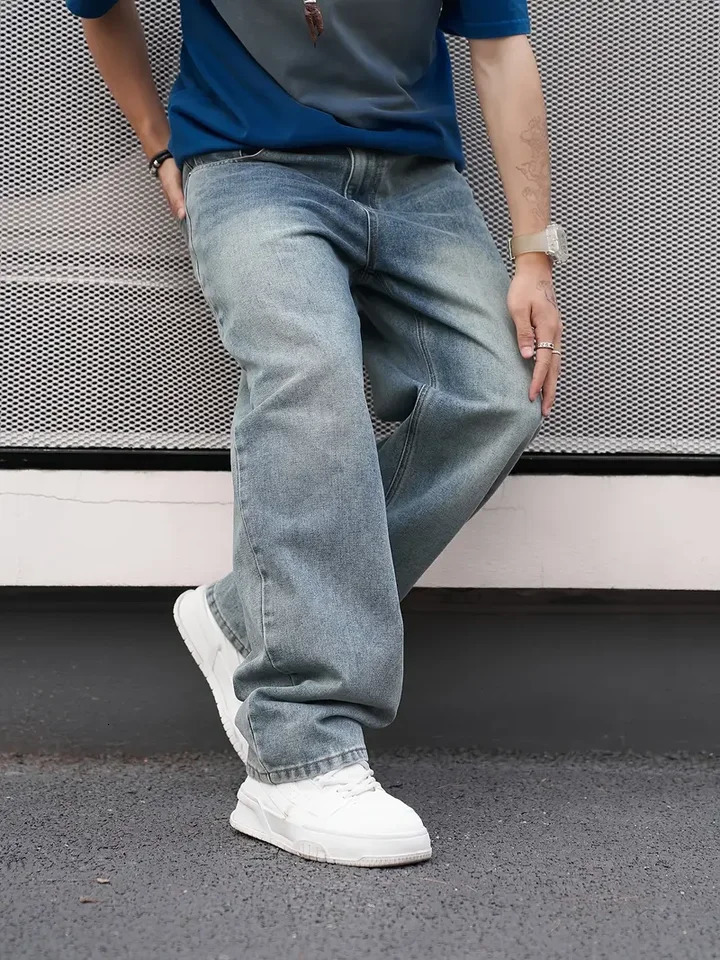 MenS Casual Straight Wash Jeans - Light Blue Loose Fit Oblique Pocket Comfortable Blend Suitable For Casual Wear 251106
