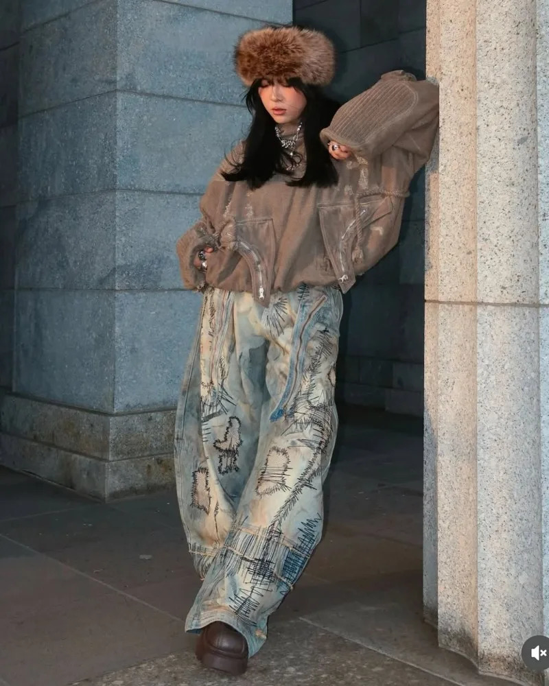 American Fashion Heavy duty Industrial Denim Pants Y2K Retro Blended Knitted Embroidered Loose Casual High Waist Wide Leg Jeans 250327