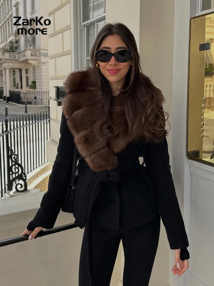 Fashion Fur Spliced Lace Up Woolen Coat Women Lapel Full Sleeve Belt Chic Jacket 2025 Autumn Winter Lady Warm Outwears 251106