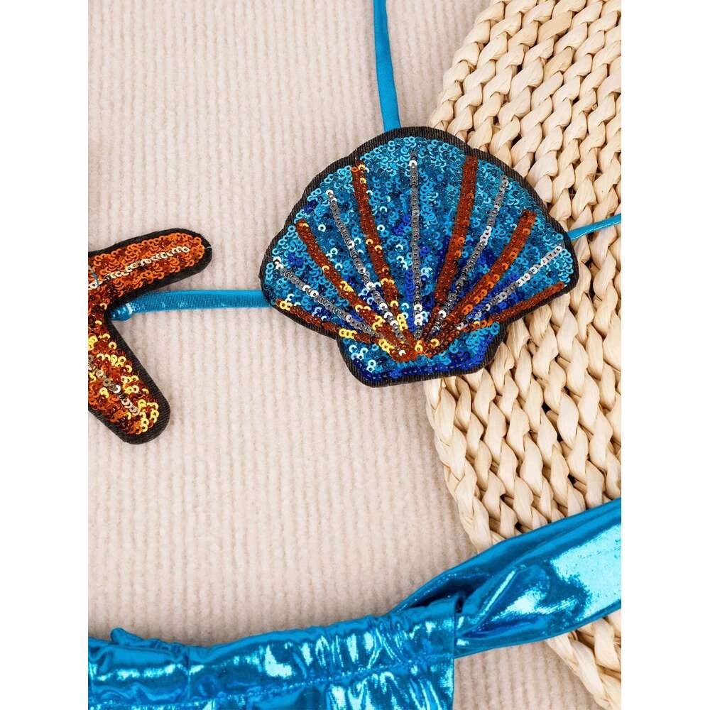 Shiny Sequin Shell Starfish Bikini Set Women Sexy Push Up Pleate Thong Swimsuit 2025 Brazilian Beach Bathing Suit Micro Swimwear