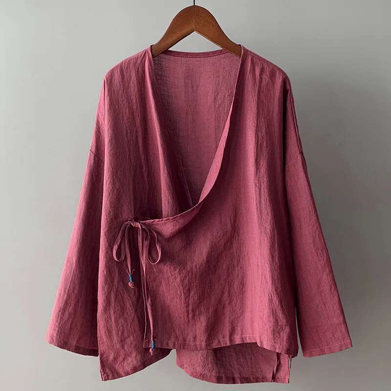 Limiguyue Cotton en Blouse Casual Slanted Collar Lace-up Cardigan Women Spring Autumn Loose Thin Shirt Clothing Literary F762