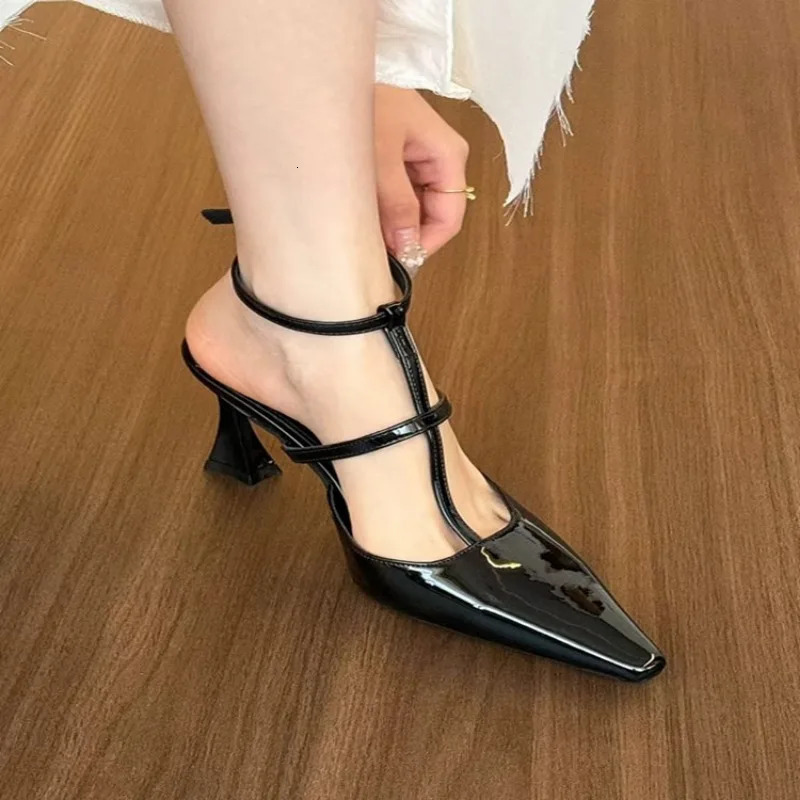 Bow Shoes Buckle Sandals Suit Female Beige Summer Heels Shallow Mouth Strap Black Girls Pointed High Stiletto Closed 251105