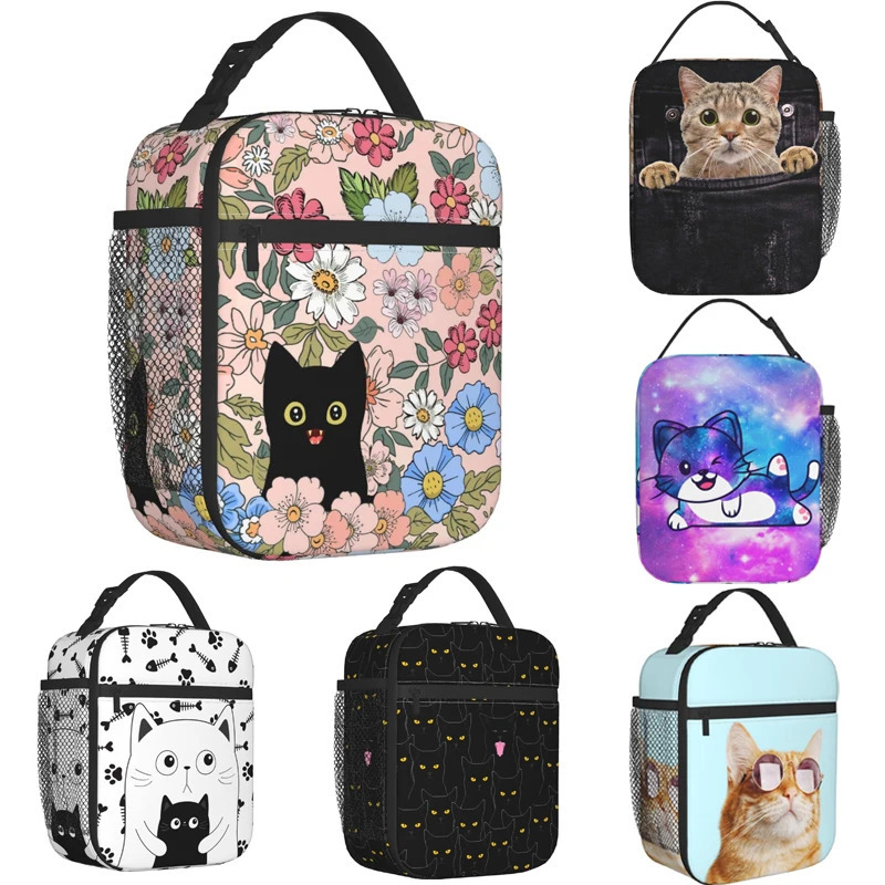 Black Cat Lunch Box Fun Bag for Children Teenagers Girl Adults Coolers Insulated Flower School Work Travel 250401
