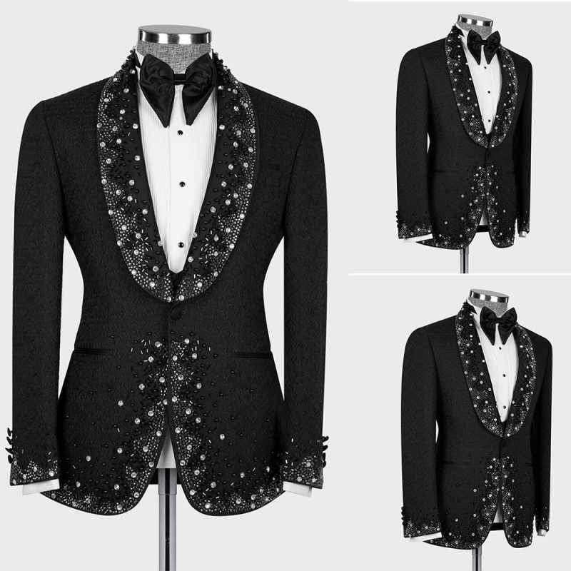 Exquisite One Piece Black Spring Summer Men Suits Set Blazer With Shawl Lapel Appliques Beaded Sequins Customized Groom Wedding Tuxedo Formal Prom Jac