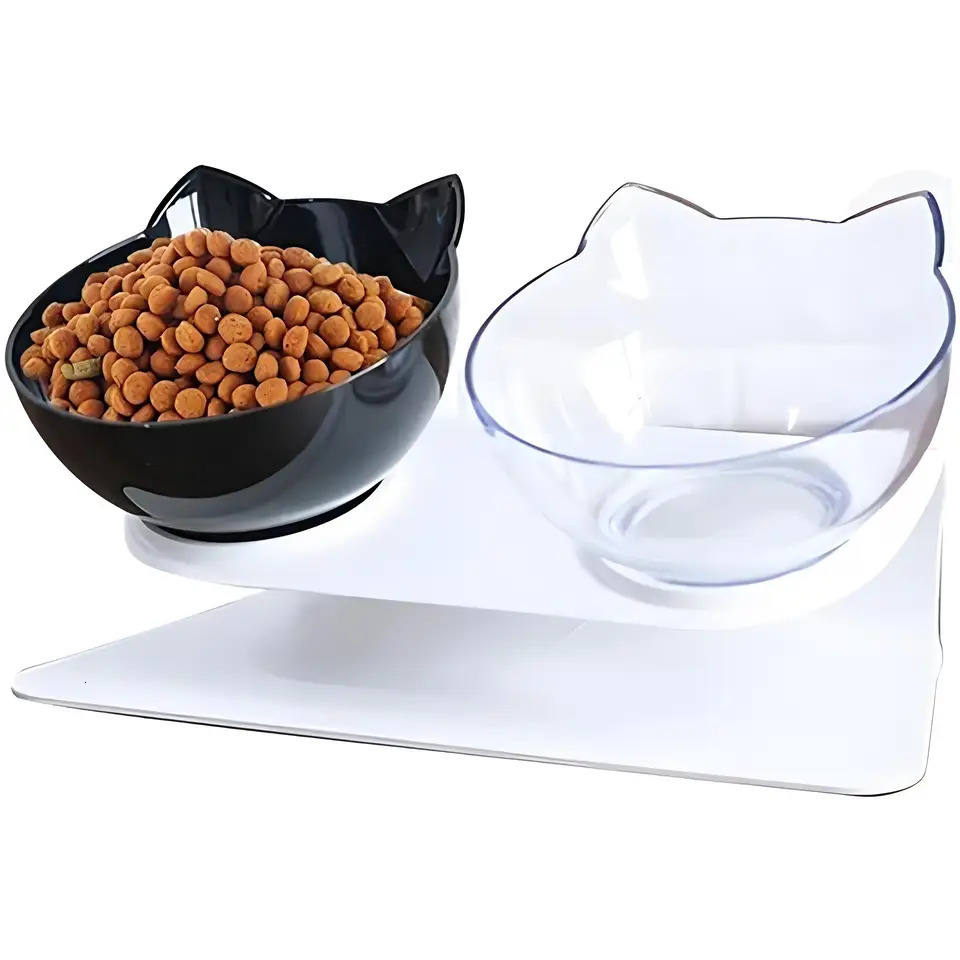 Anti slip double lift cat bowl with stand 15 tilted cat drinking and feeding bowls neck protection pet feeding bowl 250403