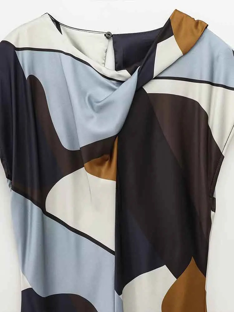 European style womens fashionable warm satin texture printed short sleeved midi dress 250401