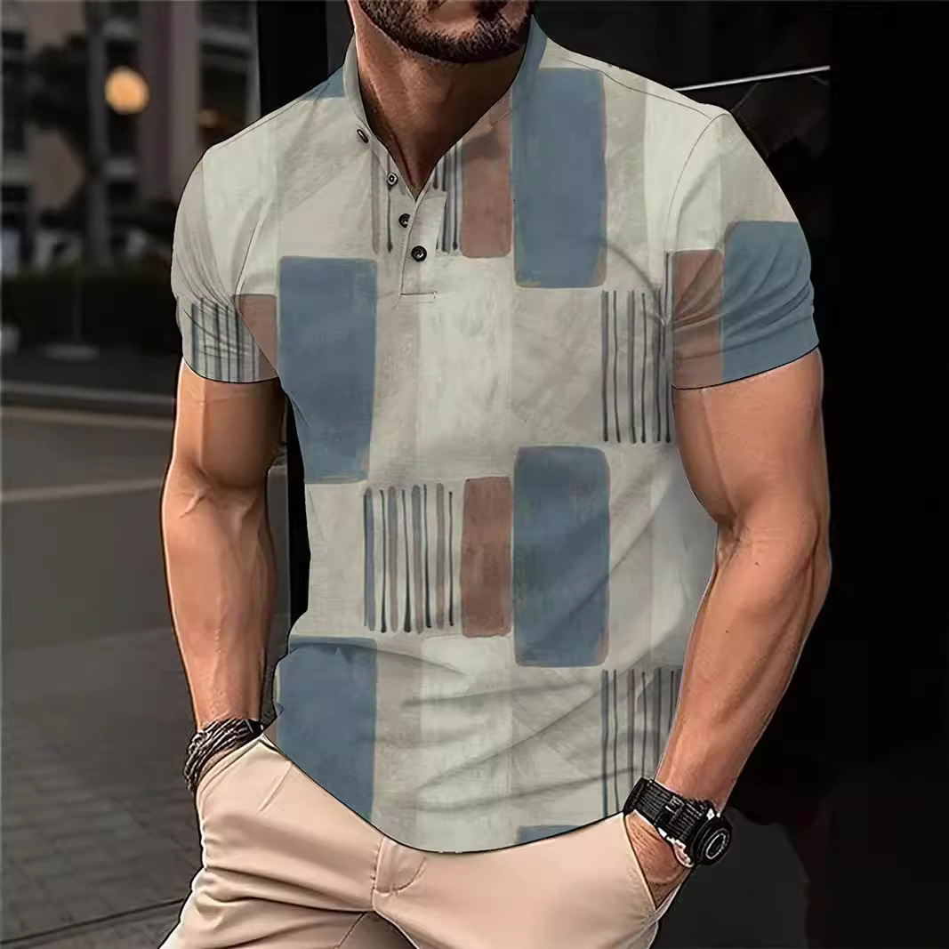 2024 Mens 3D Digital Printed Casual Buckle Short Sleeve T-shirt Polo Top