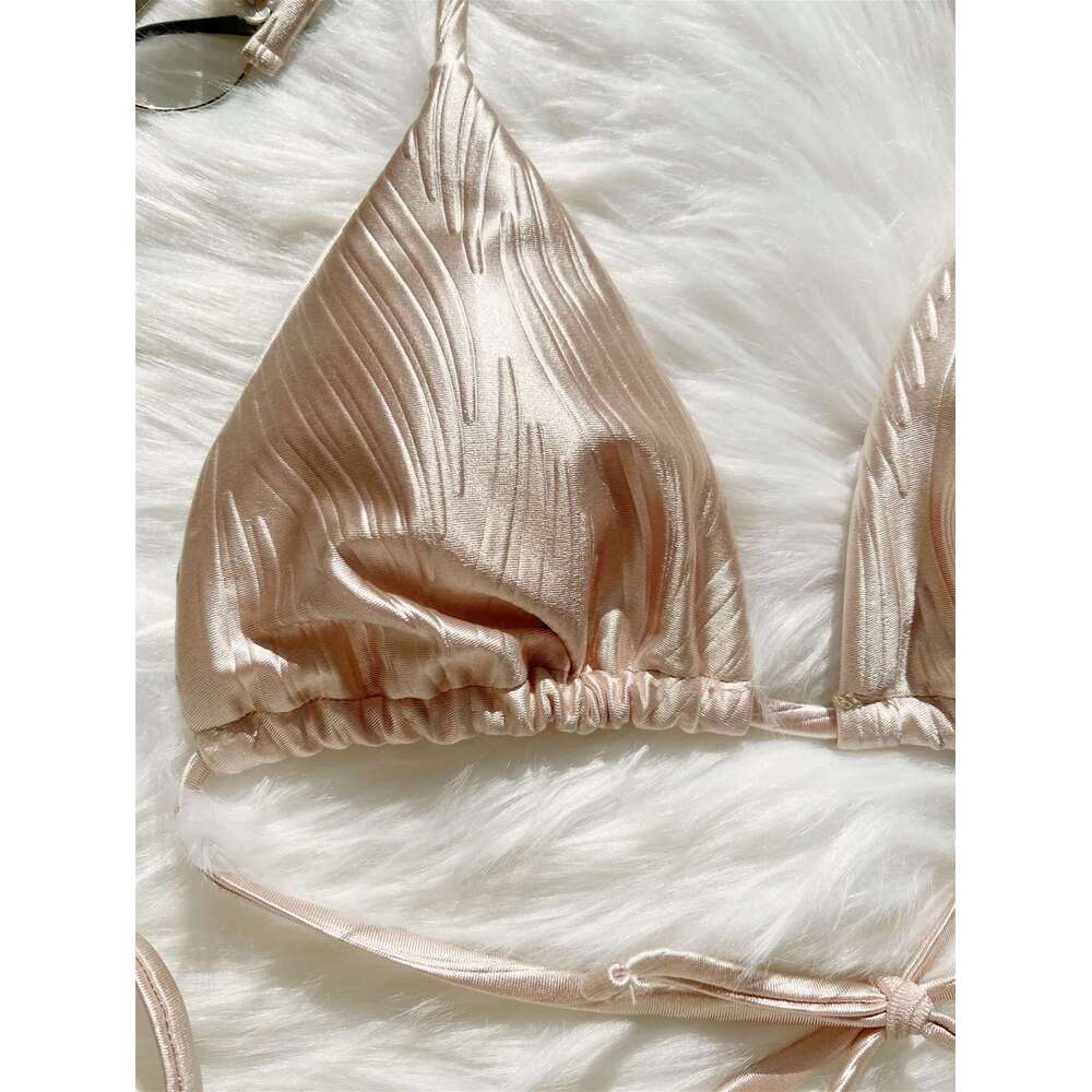 Solid Color Shiny 2-piece Swimsuit for Women,Low Waist Thong Bikini,V-neck Bandage Suspender Backless Swimwear,2025 Summer New