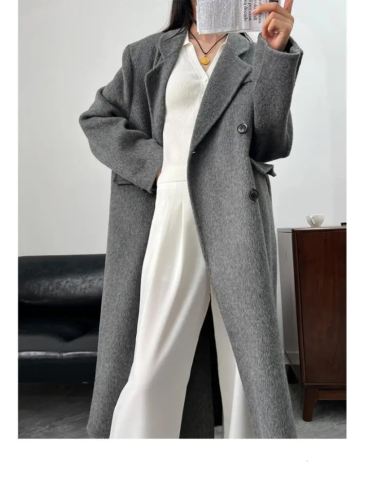Right Angle Shoulder DoubleBreasted Woolen Jackets Autumn And Winter Office Lady Long 100 Wool Coats 251028