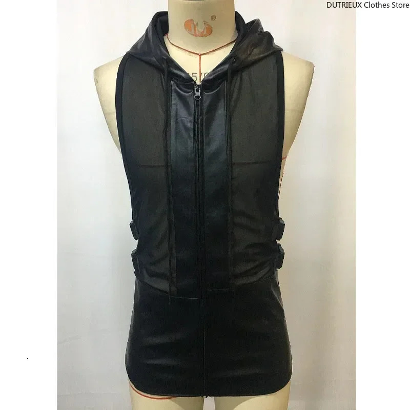Mens leather patchwork mesh shirt motorcycle leather vest top sexy transparent hooded vest muscle vest mens fitness vest 250403