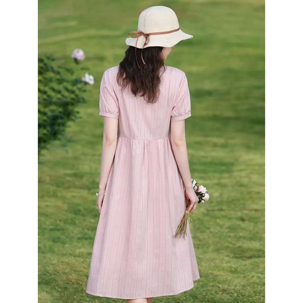 Women Dresses Summer Pink Embroidery Short Sleeve New Elegant Retro Slim Midi A-E Chic Dress