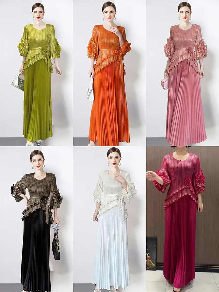 Spring and autumn elegant twopiece gold foil floral tie top high waisted pleated skiing set party dress 250403