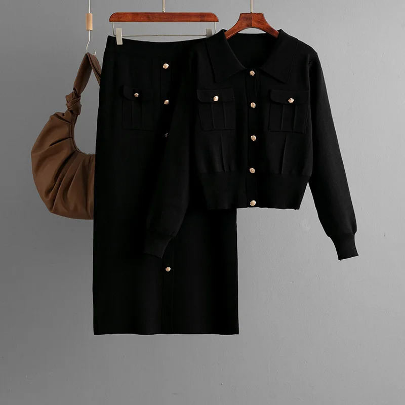 Autumn Winter Polo Collar Fashionable Temperament Set Womens Sweater Cardigan Top Knitted Casual Skirt Twopiece 251105
