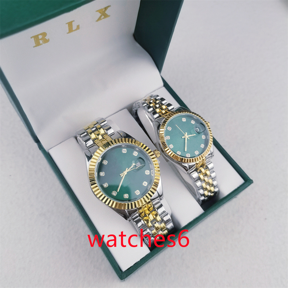 Men Women Lovers Classic Wristwatches Quartz Movement Watch with Steel Band in Green Black and Gold Watches womens 28mm mens 41mm Gifts Couple style set With Box