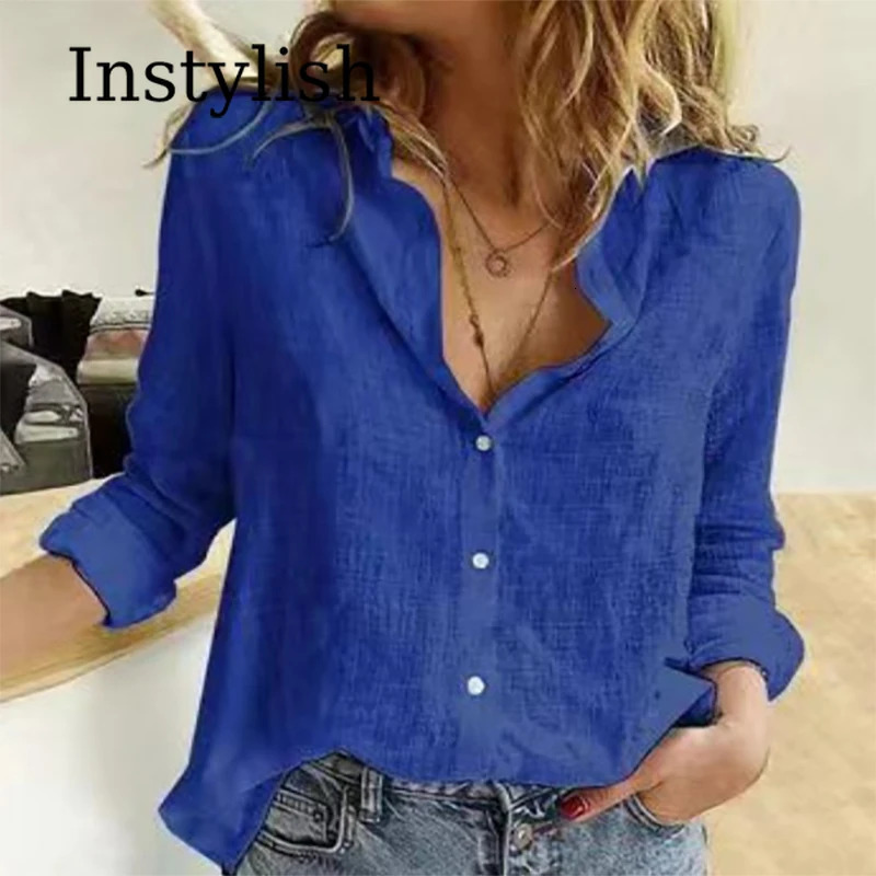 Elegant Cotton Linen Shirts Women Casual Solid Button Lapel Blouses Shirts Autumn Winter Long Sleeve Loose Tops Tunic Blusas 250402