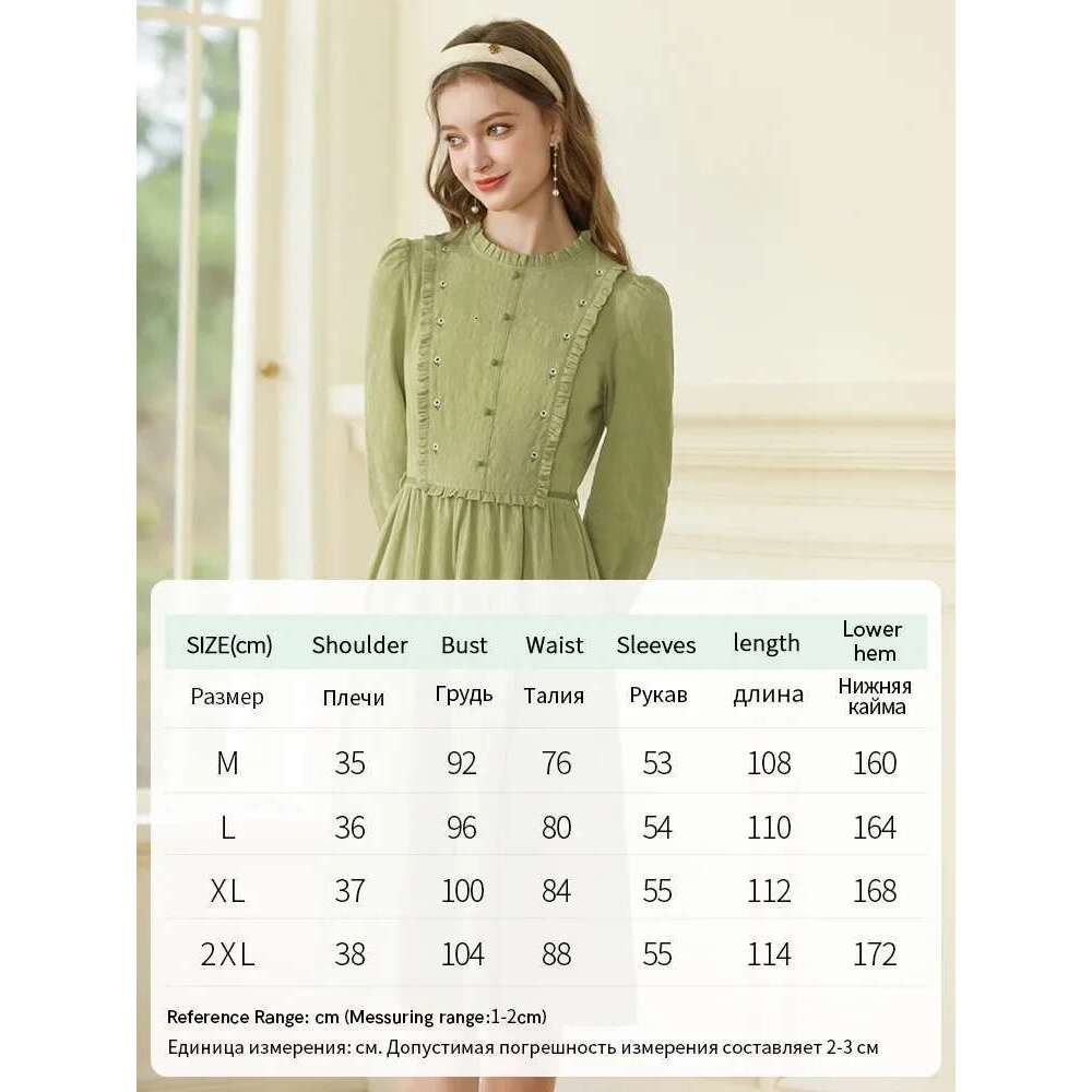 Green Women Dresses Autumn New French Elegant Puff Sleeve Cotton High Waist A-E Female Dress
