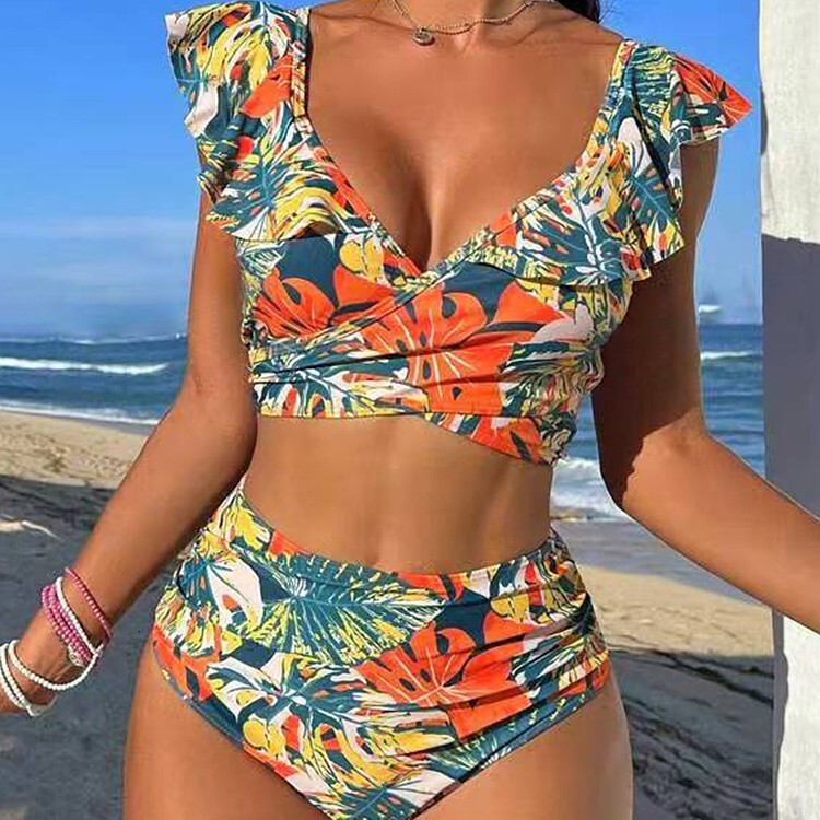 New ruffle edge split high waisted triangle pants sexy bikini multi-color printed swimsuit for women