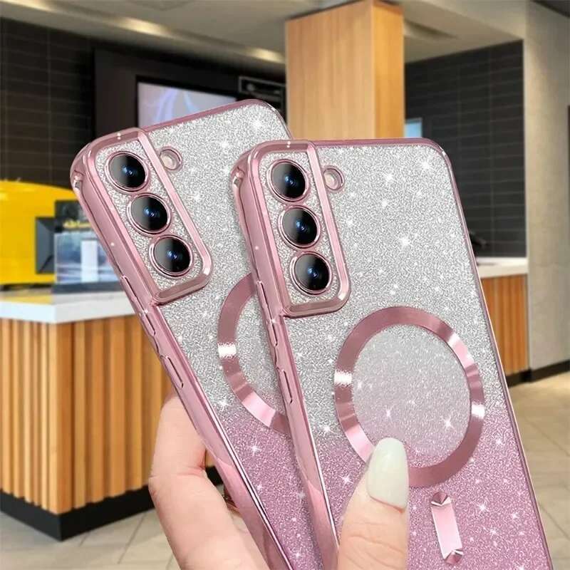 Glitter Magnetic Case For Samsung Galaxy S24 Ultra S23 S22 S21 Plus S20 FE Note 20 A55 A35 Plating Wireless MagSafe Bright Cover