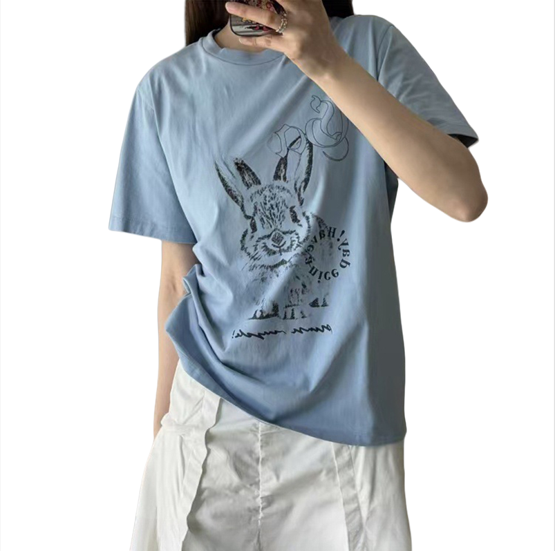 2025 Summer Fashion Letter Rabbit Print T-shirt Round Neck Loose Cotton Blue Short Sleeve T-shirt Round Neck Top
