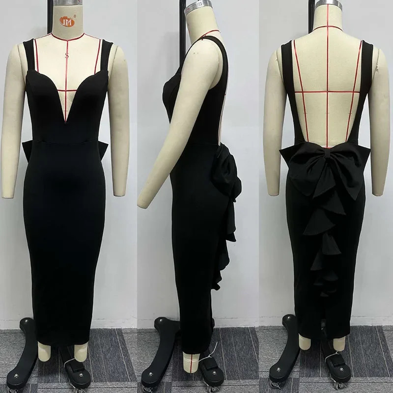 Sexy V-neck backless bow ruffled midi womens party night elegant club celebrity dance dress 250402