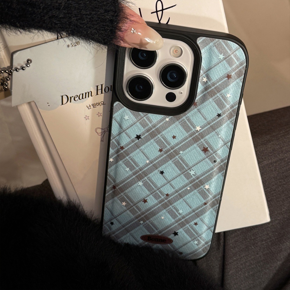 Blue Star Pattern Leather Phone Case Compatible with iPhone 17/16 Pro Solid Color Shockproof iPhone 15/14 Niche 13