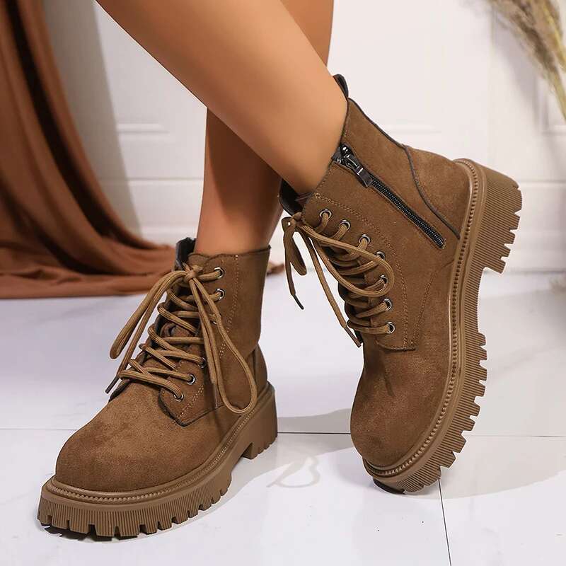 Retro Chunky Platform Ankle Women 2025 Spring Lace Up Brown Combat Boots Woman Faux Suede Low Heels Short Botas Mujer