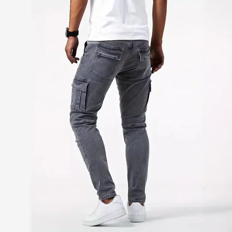 Street elastic jeans pencil pants mens denim cargo solid color multi pocket casual tight fitting clothing 250401