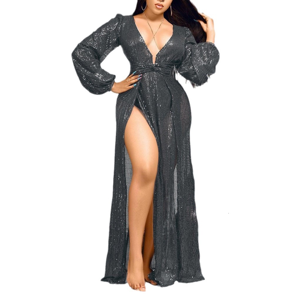2025 Spring Lantern Sleeve Large Size Dress Long Glitter Deep V-neck Sexy Split Party Dress Skirt