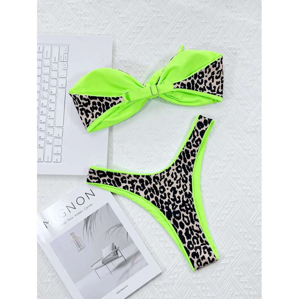 Leopard Print 2 Piece Swimsuit 2025 New Sexy Neon Green Color Contrast Bathing Suit Strapless Backless Bikini Set Summer