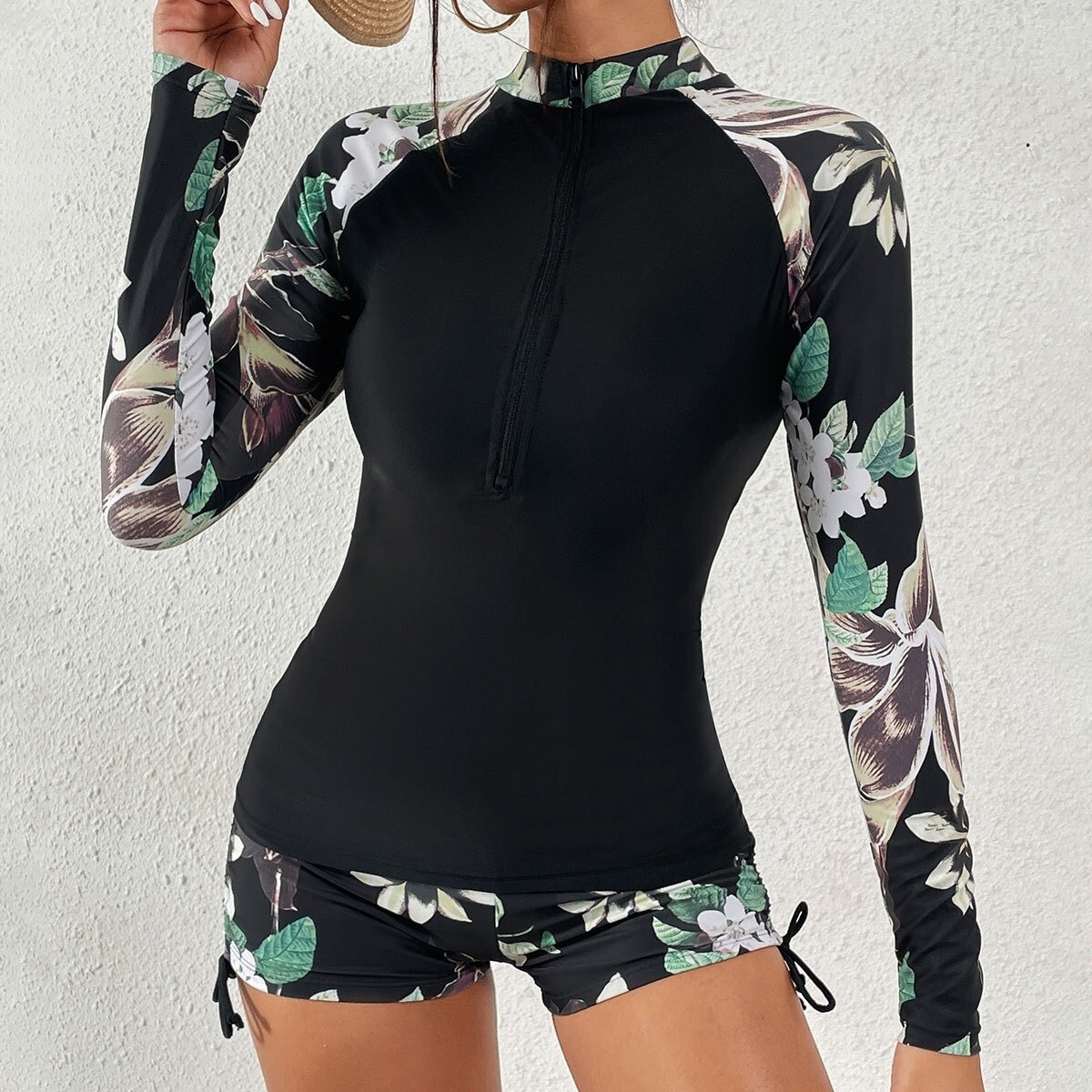 2025 new women's printed surfing suit long sleeved sunscreen with zipper conservative split swimsuit