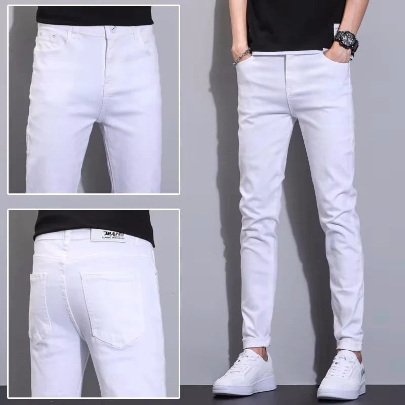 pure white 98 cotton ultrathin jeans for mens stretch and comfortable tight denim Trouser Korean classic fashion casual pants 250401