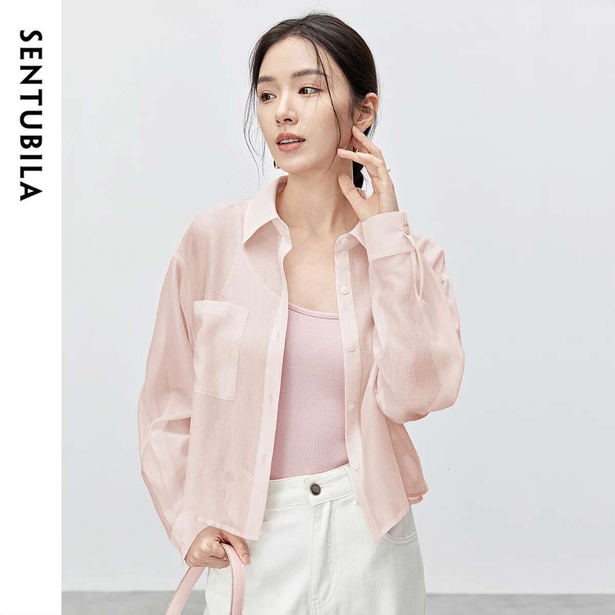 SENTUBILA Lyocell Women Shirt 2025 Spring Summer Lapel Neck Long Sleeve Crop Solid Pockets Lace-up Female Cozy Blouse 142C54323