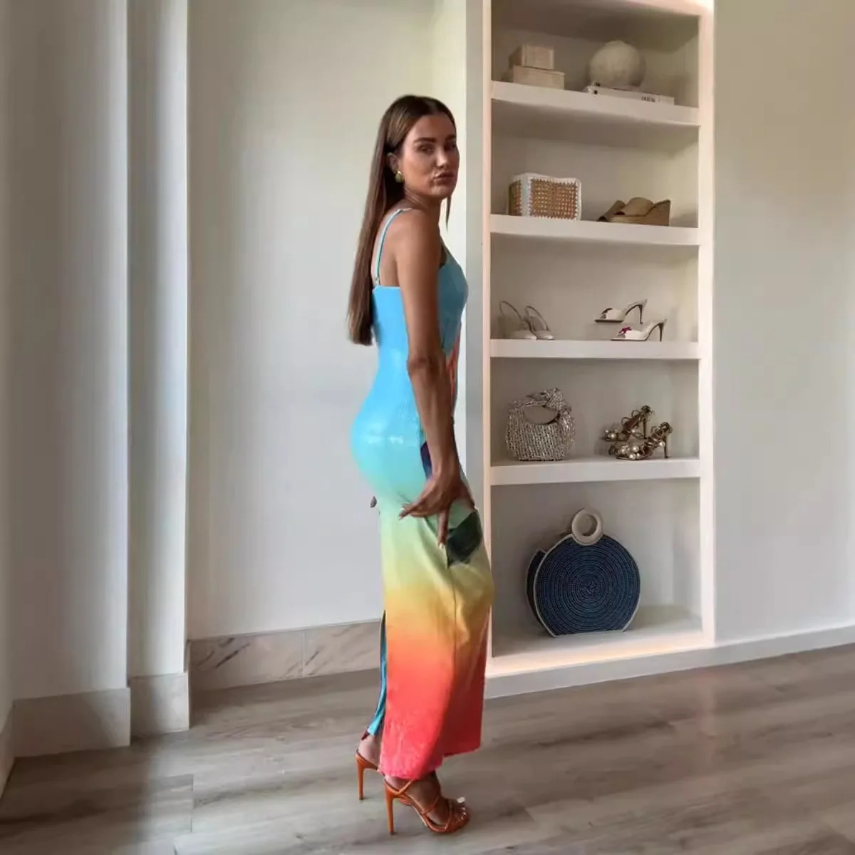 Spring/Summer Suspension Skiing Temperature Fashion Glitter Printed Dress INS Casual Party Elegant Split Dress 250401