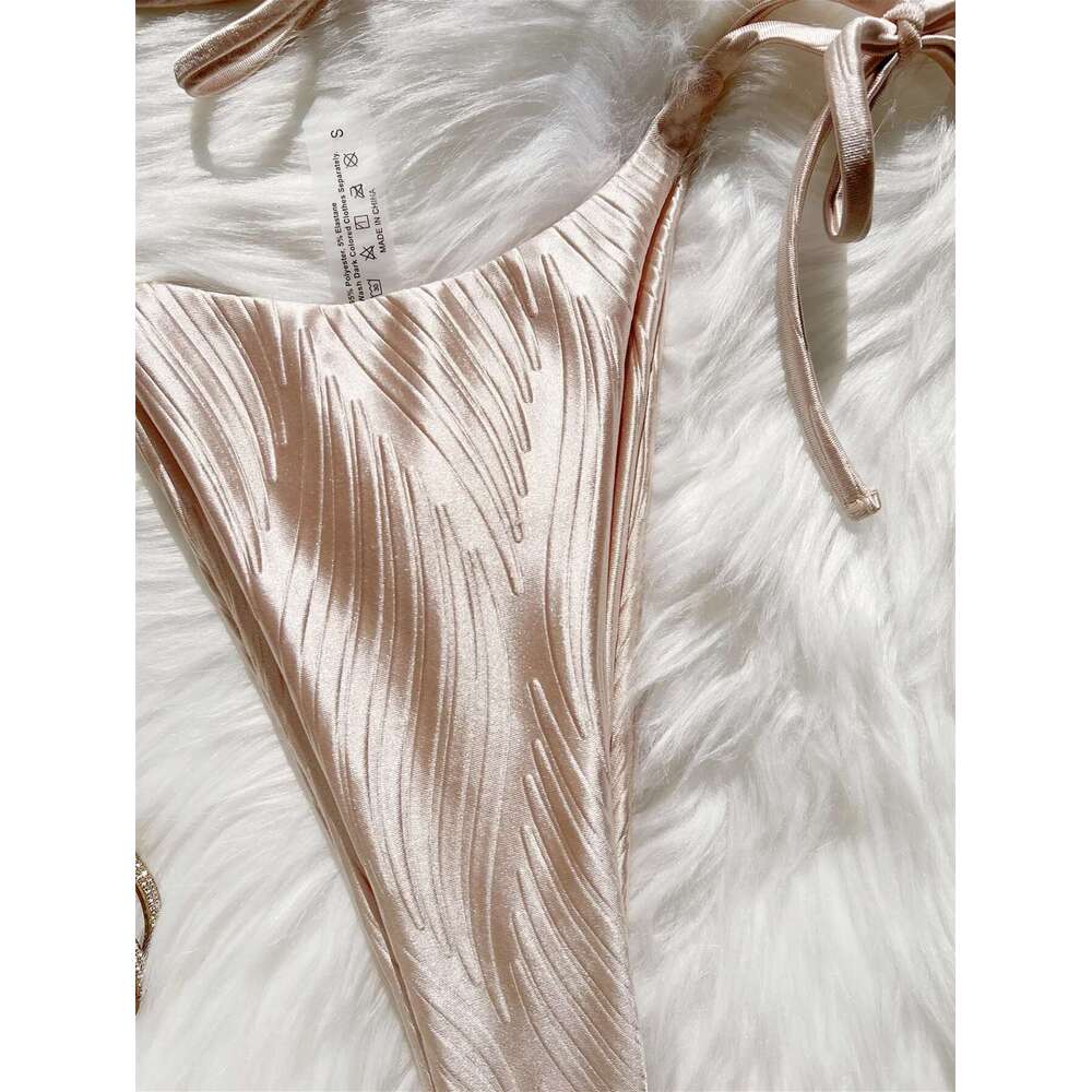 Solid Color Shiny 2-piece Swimsuit for Women,Low Waist Thong Bikini,V-neck Bandage Suspender Backless Swimwear,2025 Summer New