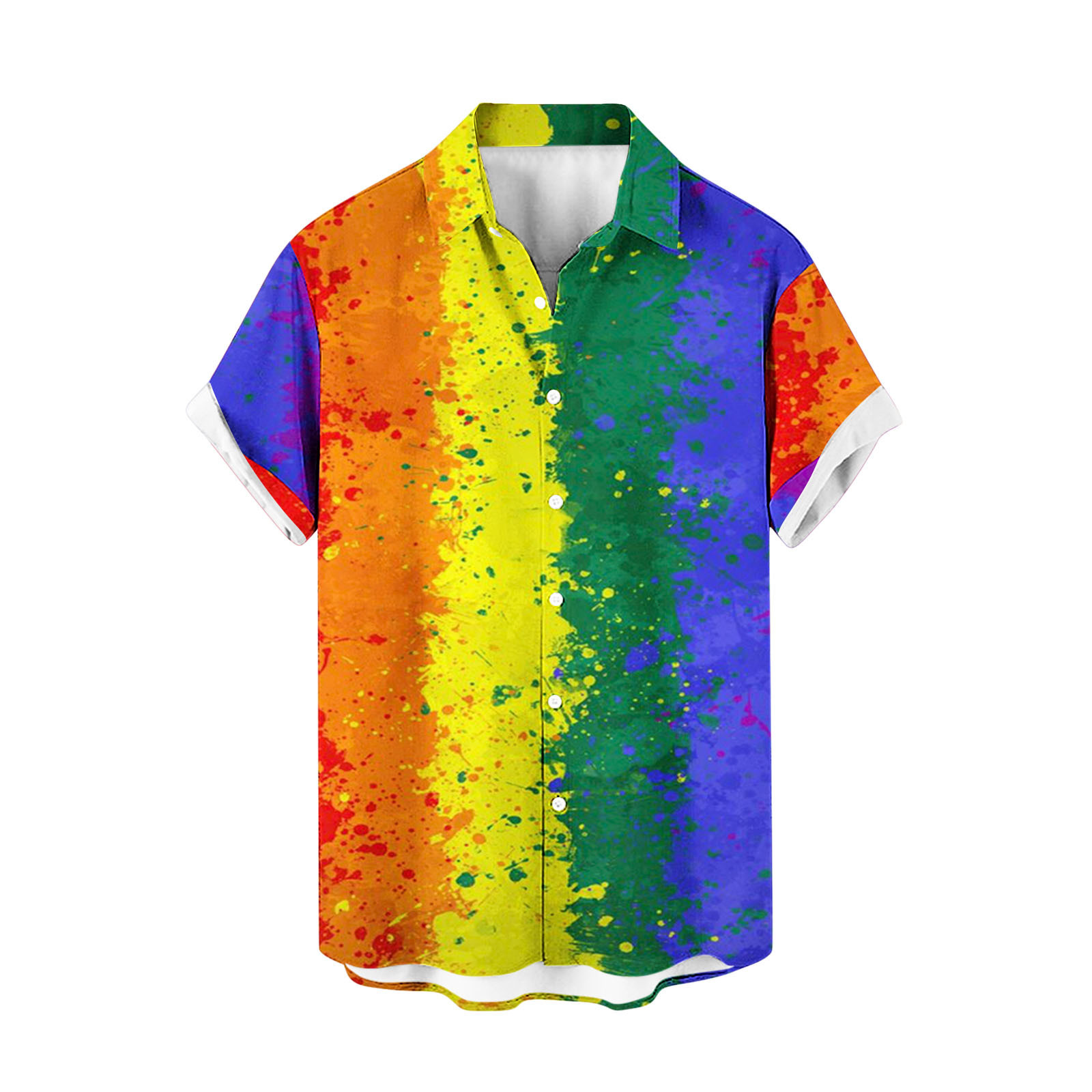 2024 Mens Spring New Four sided Elastic Collar Rainbow Printed Hawaiian Beach Casual Short sleeved Shirt