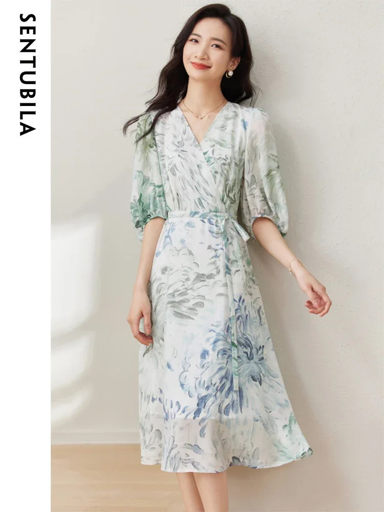 SENTUBILA Womens 100% Mulberry Silk Printed Dress Summer Elegant V-neck Lantern Sleeve Beach Midi Dress 132L50179 250401