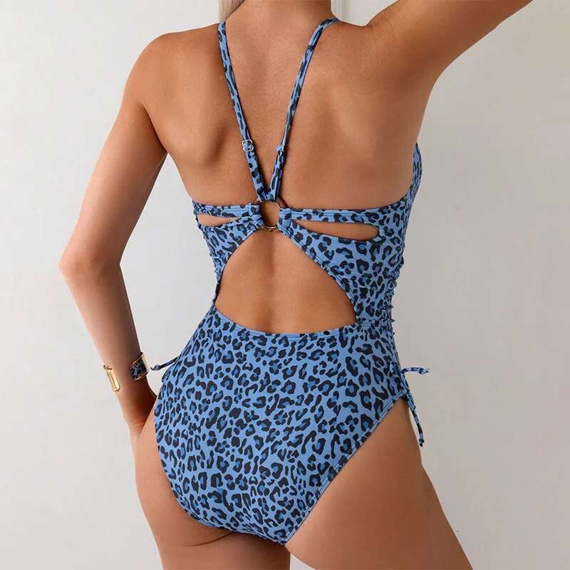 2025 New Bikini Blue Leopard Print One Piece Swimsuit Women's Sexy V-neck Monokini Beach Vacation Backless Swimwear