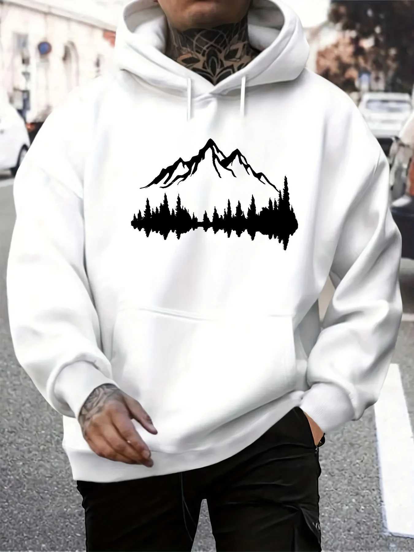 Mens autumn and winter casual fashionable loose hooded sweatshirt with mountain pattern printed long sleeved warm pullover W251106