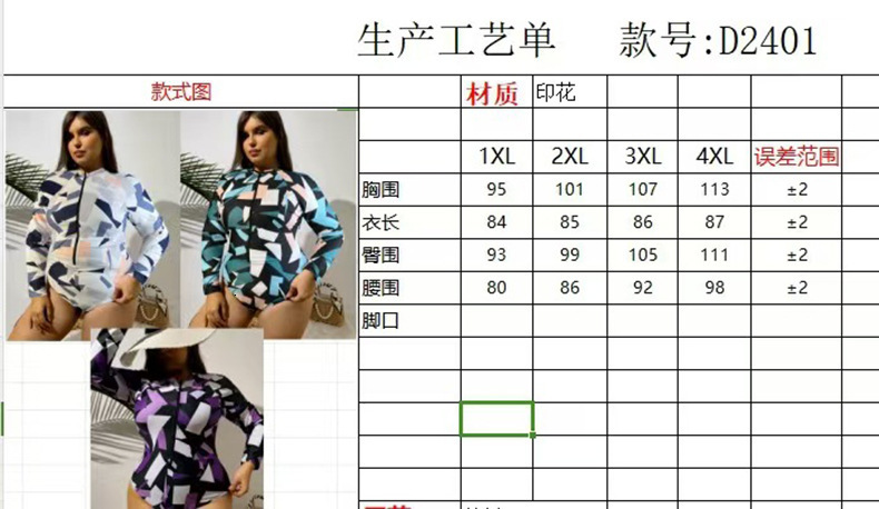 2025 new plus size one-piece long sleeved printed women's fat swimsuit