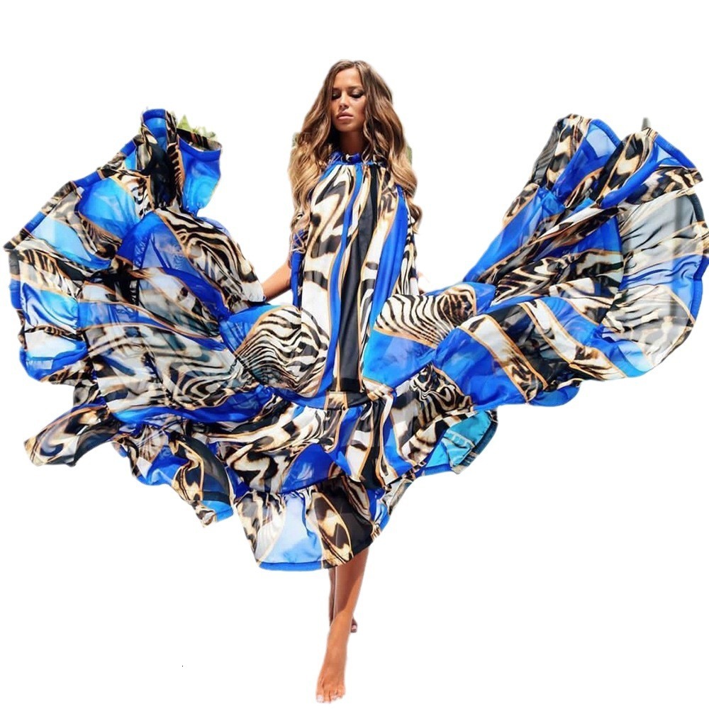 2025 Summer Dress with Neck Hanging Sleeveless Print Loose and Big Swing Sexy Off Shoulder Beach Dress