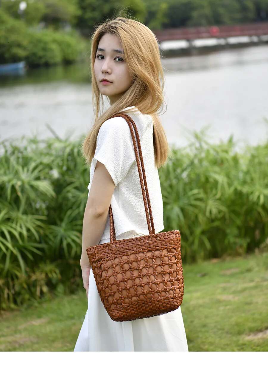 Top Layer Cowhide Single-Shoulder Genuine Leather Retro Hand-Woven Hollow Out Mori Style Women's Bag