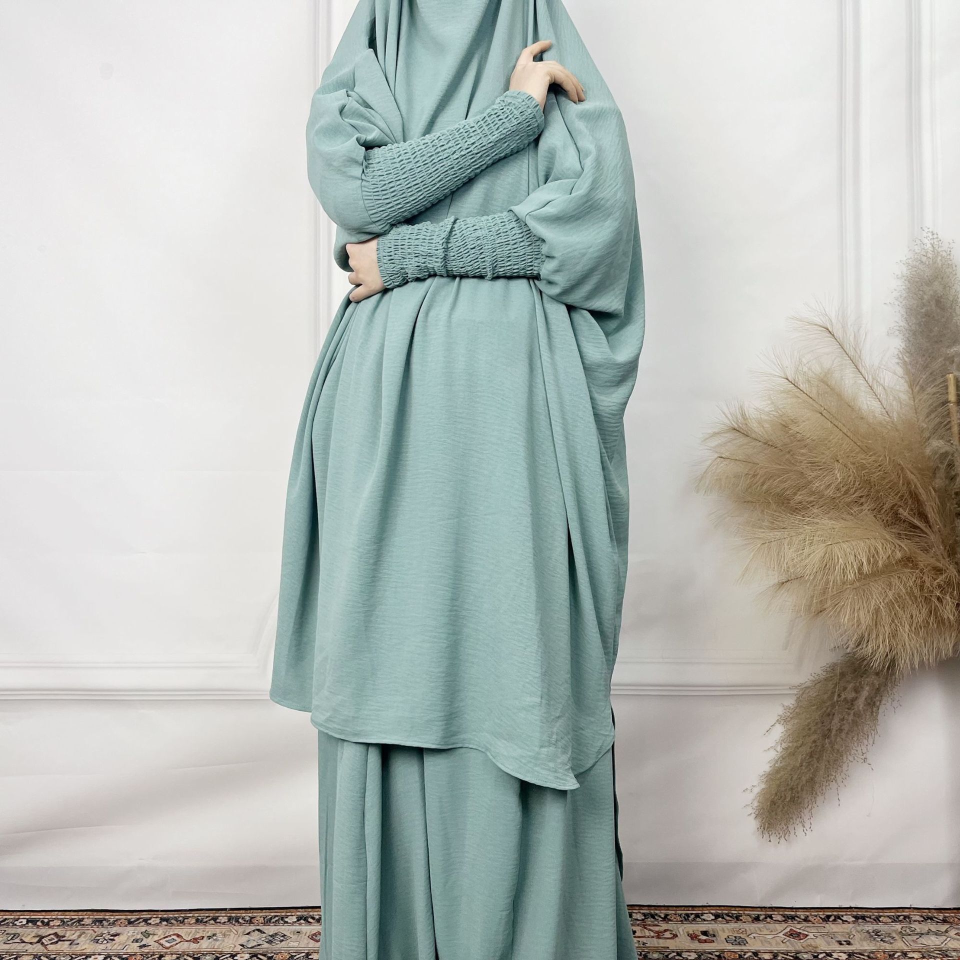 Solid Colored Long Robe With Ice Silk Wrinkled Lantern Sleeves, Loose And Comfortable Two-Piece Women's Skirt Set Abaya Maxi Dresses Islamic Clot