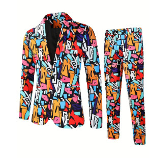 Mens digital printed casual one button suit set top and pants
