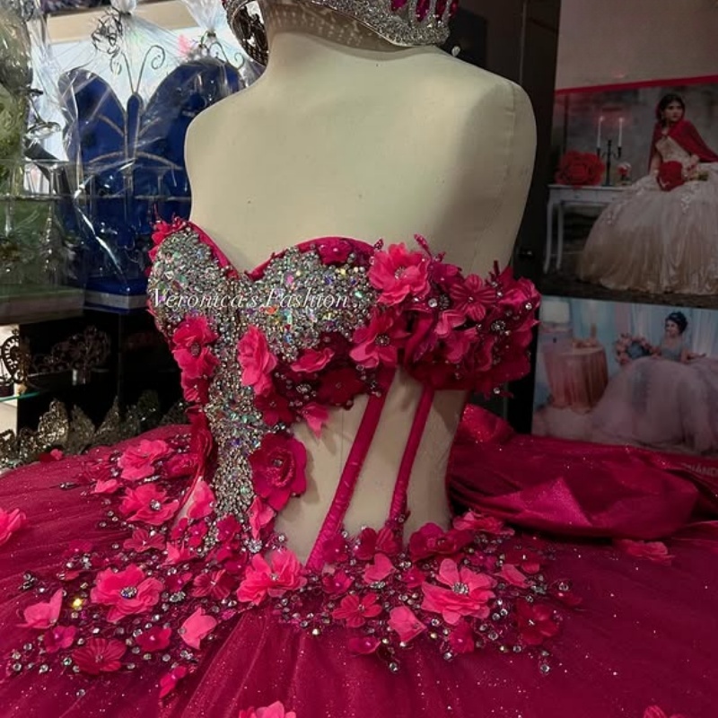 Rose Red Quinceanera Dresses Off Shoulder Ball Gown Sweet 16 Dress Applique Flower Bow Beads Tull Birthday Party Vestidos 15 De Anos